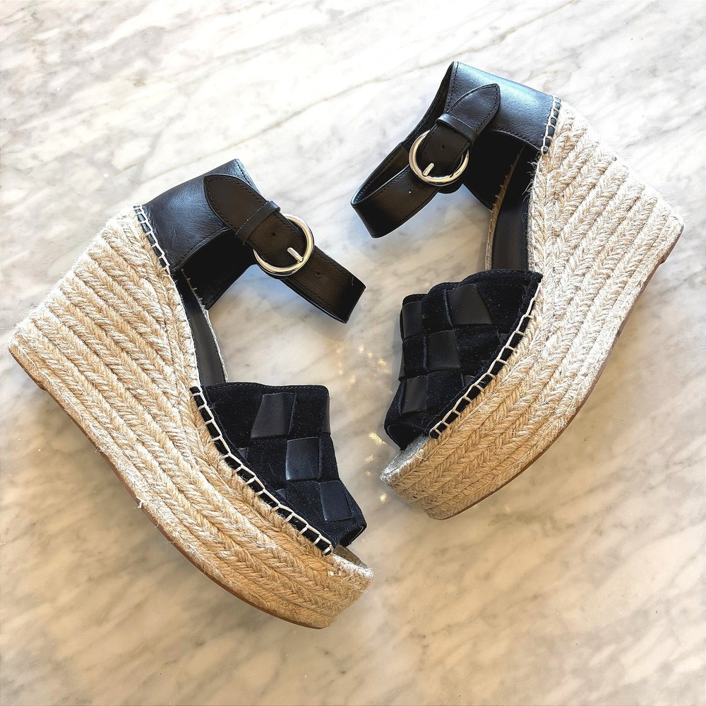 Marc‎ Fisher Adalla Black Leather Espadrille Platform Wedge Sandals Womens 10M